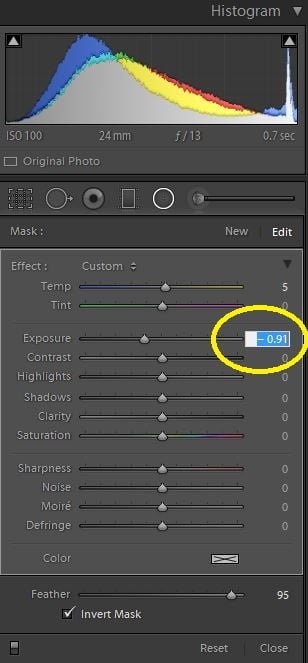 The radial filter in Lightroom used to adjust the exposure of part of the image