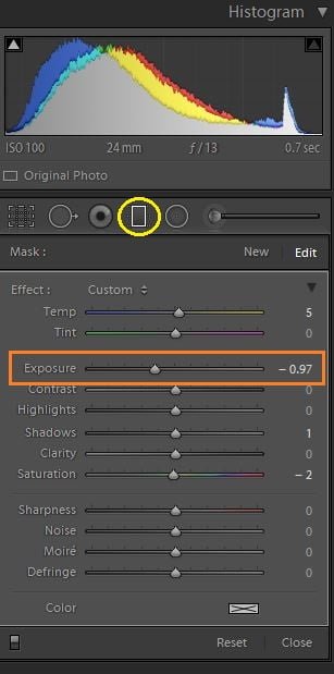 The graduated filter tool in Lightroom